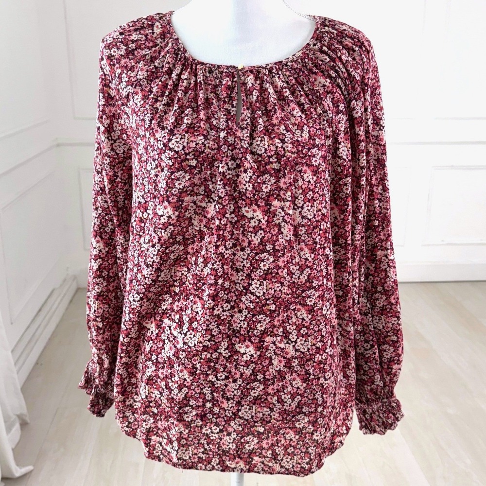 Chaps Blouse Womens Large Burgundy Floral Keyhole Neck Ruffle Tie Sleeve Top